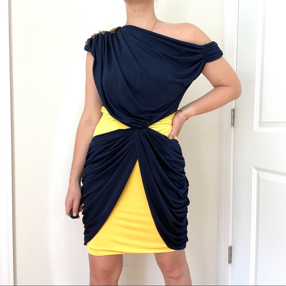 Color Block Grecian Inspired Draped Jersey Embellished Cocktail Dress